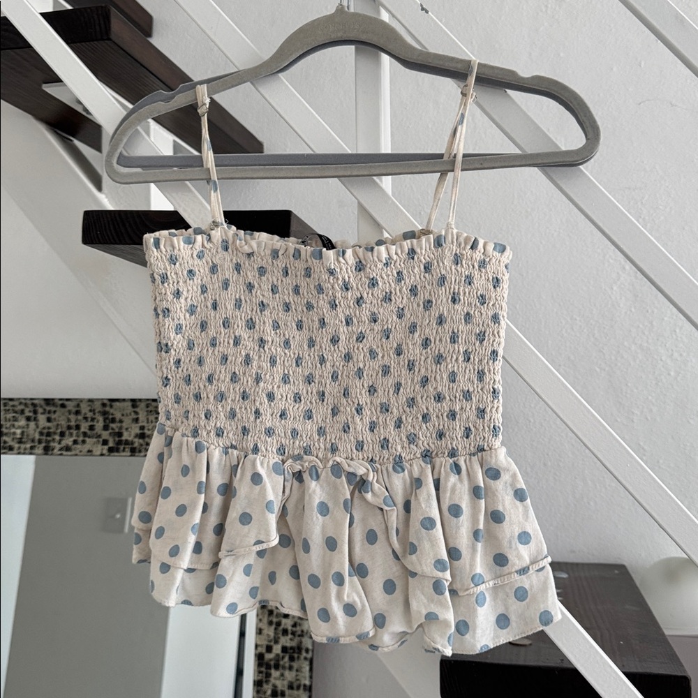 Zara Cream and Blue Polka Dot Smocked Top